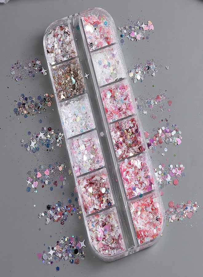 Vopintpy Hexagon Heart Nail Charms: 12 Grids Multi Color Holographic Mermaid Sequins Design Art Stickers for Women's Manicure Decoration - Image 1